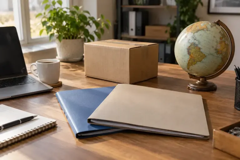 A shipping carton, document folders and globe arranged on an office desk.