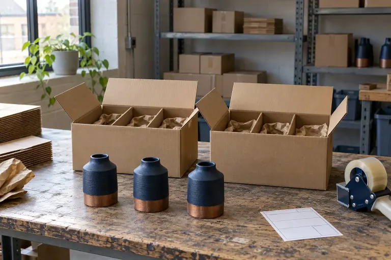 Fictional packing bench with open cartons, dividers and ceramic objects.