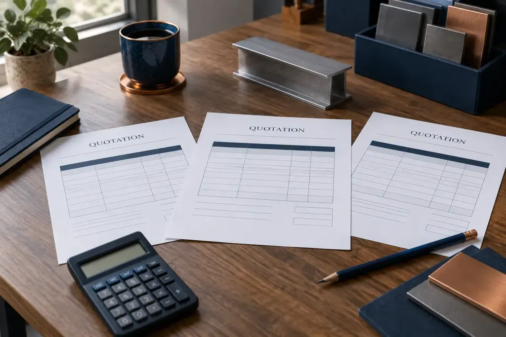 Illustrative quotation sheets, material samples and a calculator.