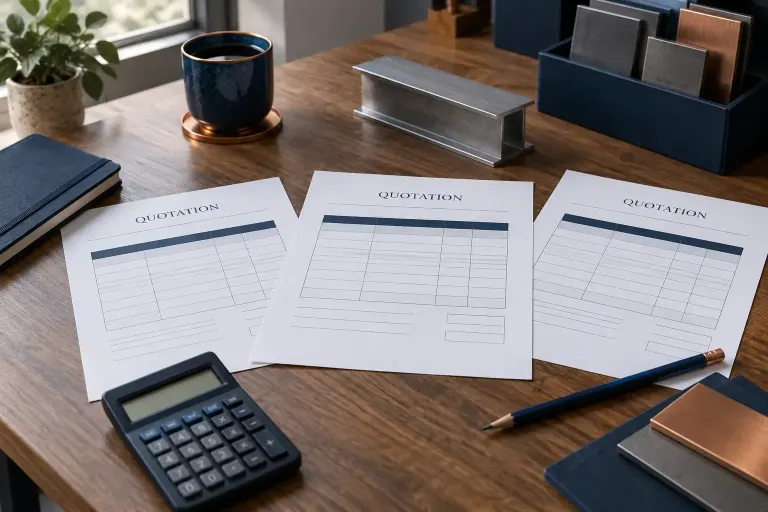 Illustrative quotation sheets, material samples and a calculator.