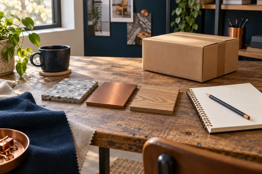 Illustration of unbranded supplier samples and a notebook on a sourcing desk.