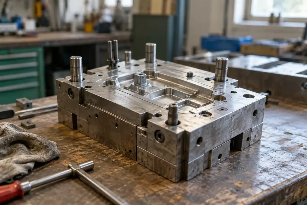 A small industrial mould on a supplier’s workshop bench.